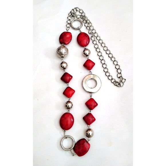 Y2K Bold Red Faux Stone and Silver Tone Statement Necklace, 30 Inches - Picture 1 of 3